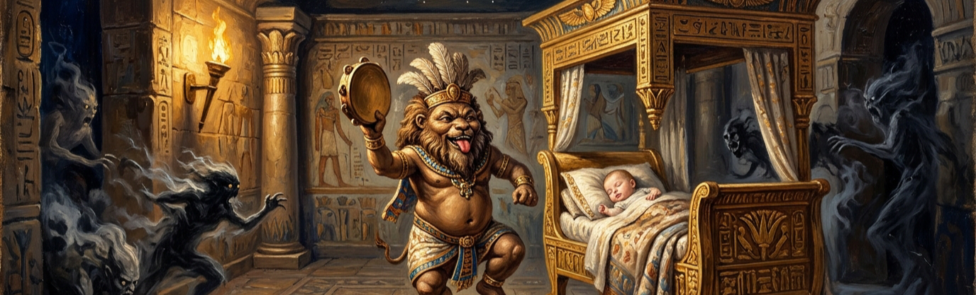 Which grotesque dwarf deity made goofy faces to protect babies from nightmares?