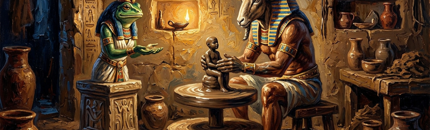 Which craft god allegedly sculpted humanity out of clay upon a potter's wheel?