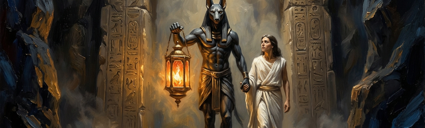 Which desert canine deity guided mummies along shadowy trails toward the afterlife?