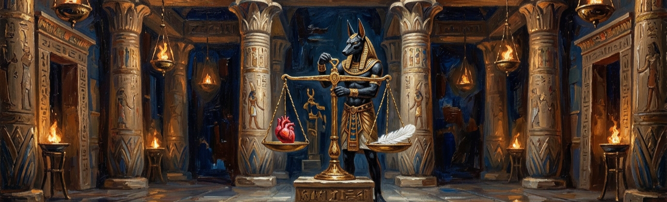 What sacred lightweight item weighed against human hearts in Anubis's underworld courtroom?