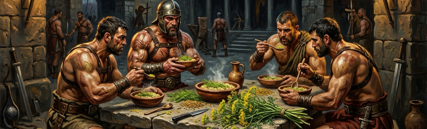 Why were Roman gladiators fed hearty meals seasoned with aromatic wild fennel seeds?
