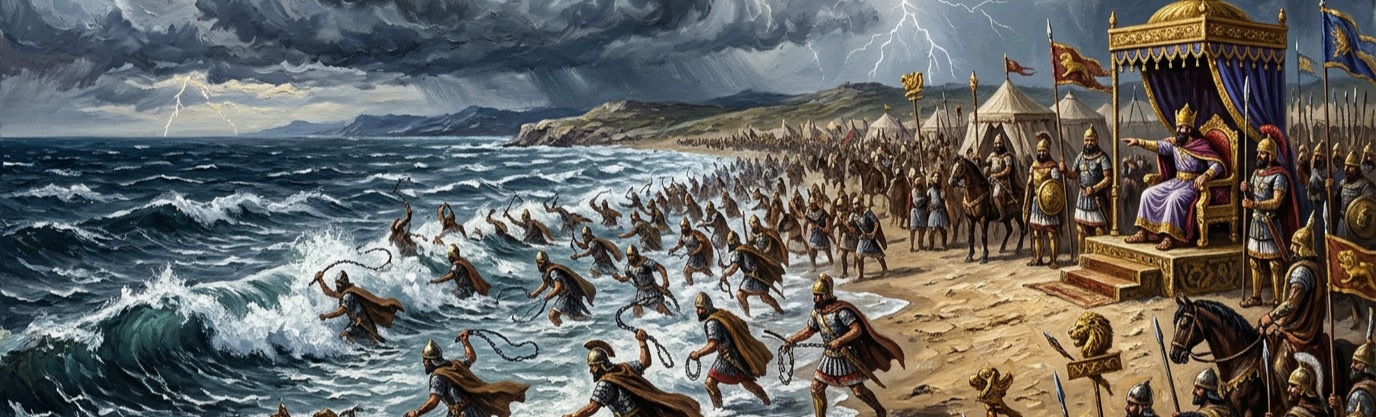 How did Persian King Xerxes I officially punish the ocean after a storm wrecked his bridge?
