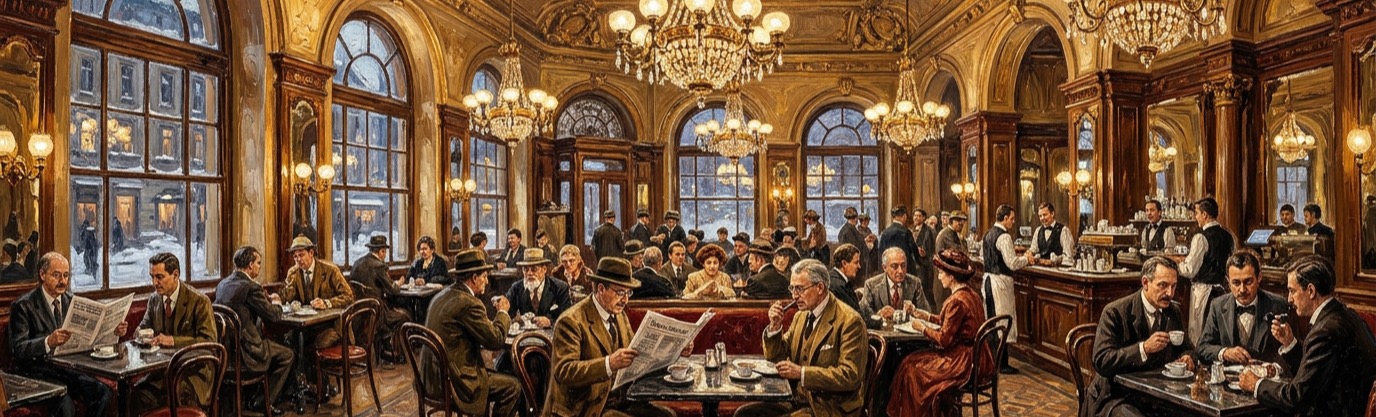 Which city's coffeehouses simultaneously hosted Trotsky, Tito, Freud, Stalin, and Hitler in January 1913?