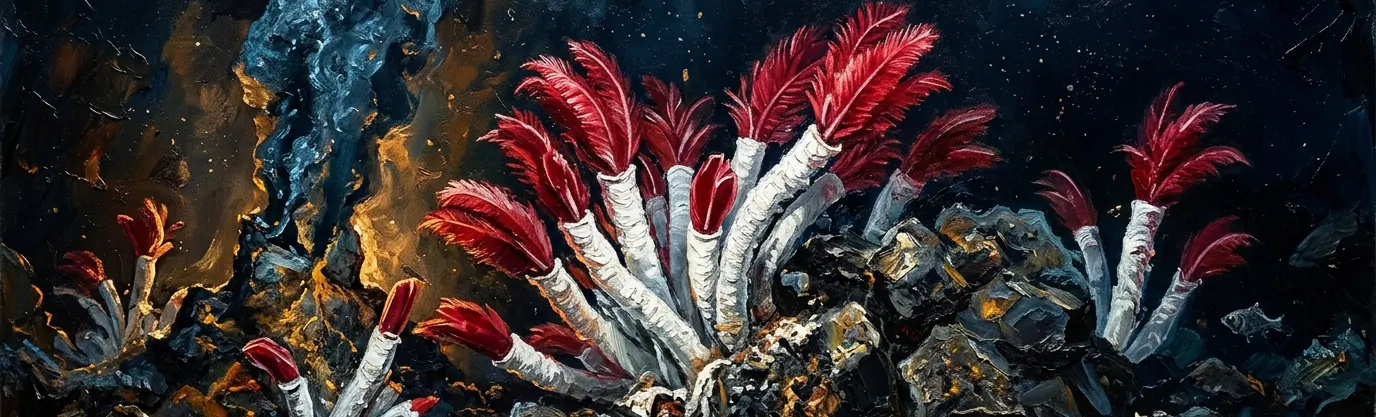 What vibrant color distinguishes the deep-sea plumes of giant hydrothermal tube worms?