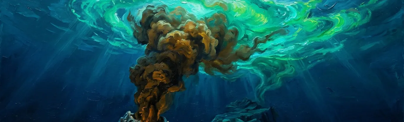 Why do iron-rich plumes from submarine volcanoes trigger massive blooms of marine algae?