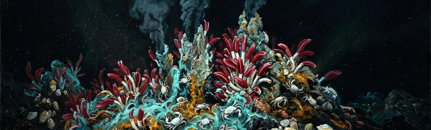 Which biological process powers extreme life near sunlight-deprived deep-sea hydrothermal vents?