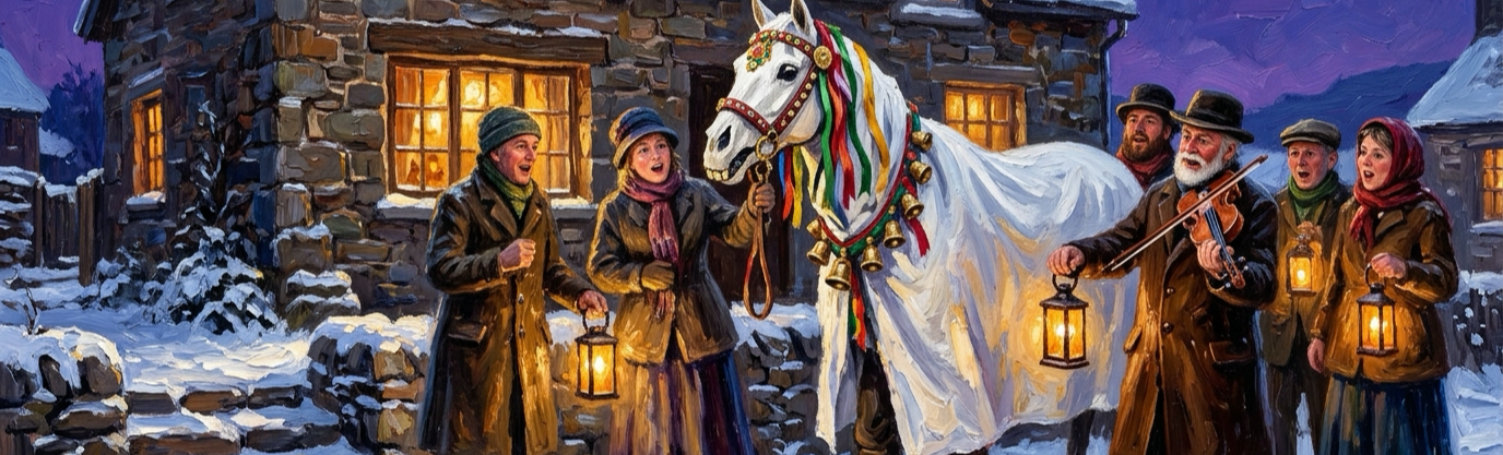 What wooden creature visits Welsh doorsteps during winter singing witty insult battles?