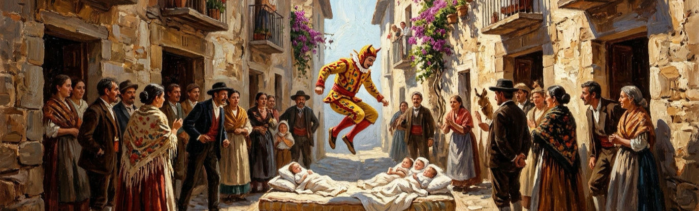 Why do Spanish villagers cheer when masked 'devils' leap over newborns?