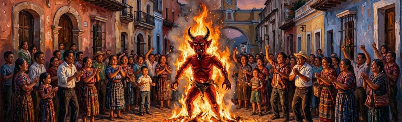 Why do Guatemalan towns build a towering paper devil and set it ablaze?