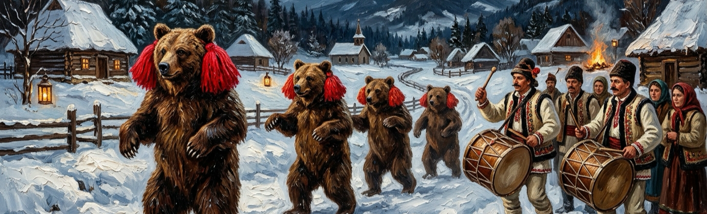 What bizarre winter festival in Romania features dancers cloaked in real bear pelts?