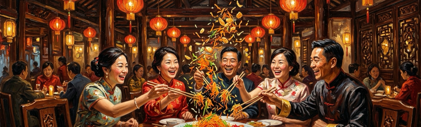 What festive salad do diners toss into the ceiling during Lunar New Year?