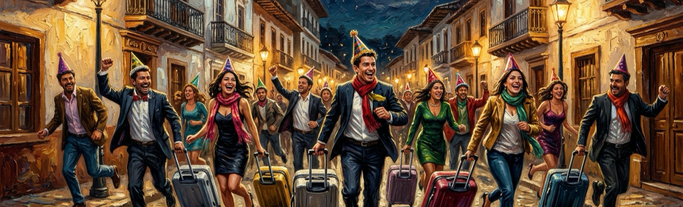 Why do Colombian travelers jog around the block carrying empty suitcases?