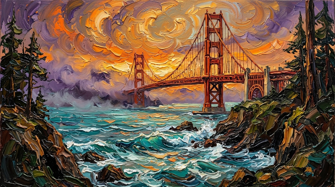 California Golden Gate Bridge at sunset with giant redwood trees and Pacific coastline