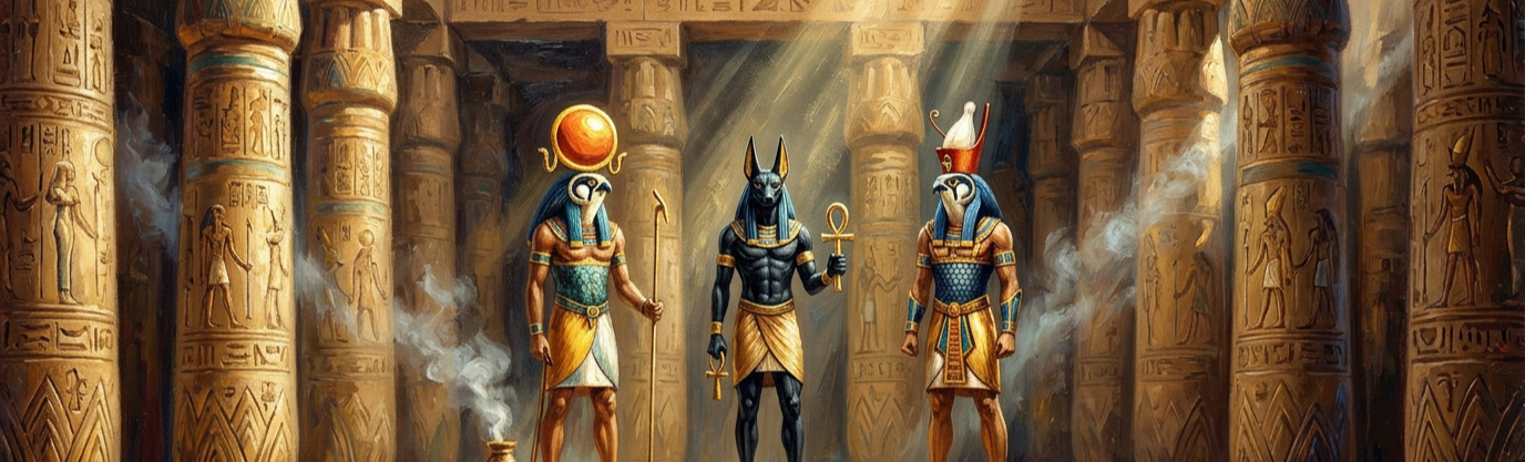 Classical impasto oil painting of ancient Egyptian gods Ra, Anubis, and Horus in a sunlit desert temple hall