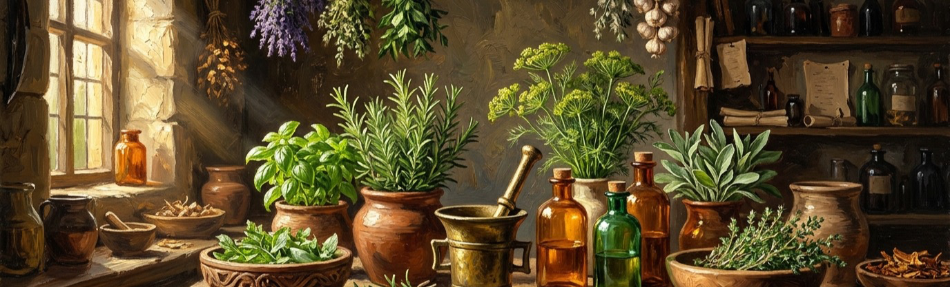 Classical impasto oil painting of a medieval herbalist kitchen filled with fresh herbs, mortar, and drying bundles