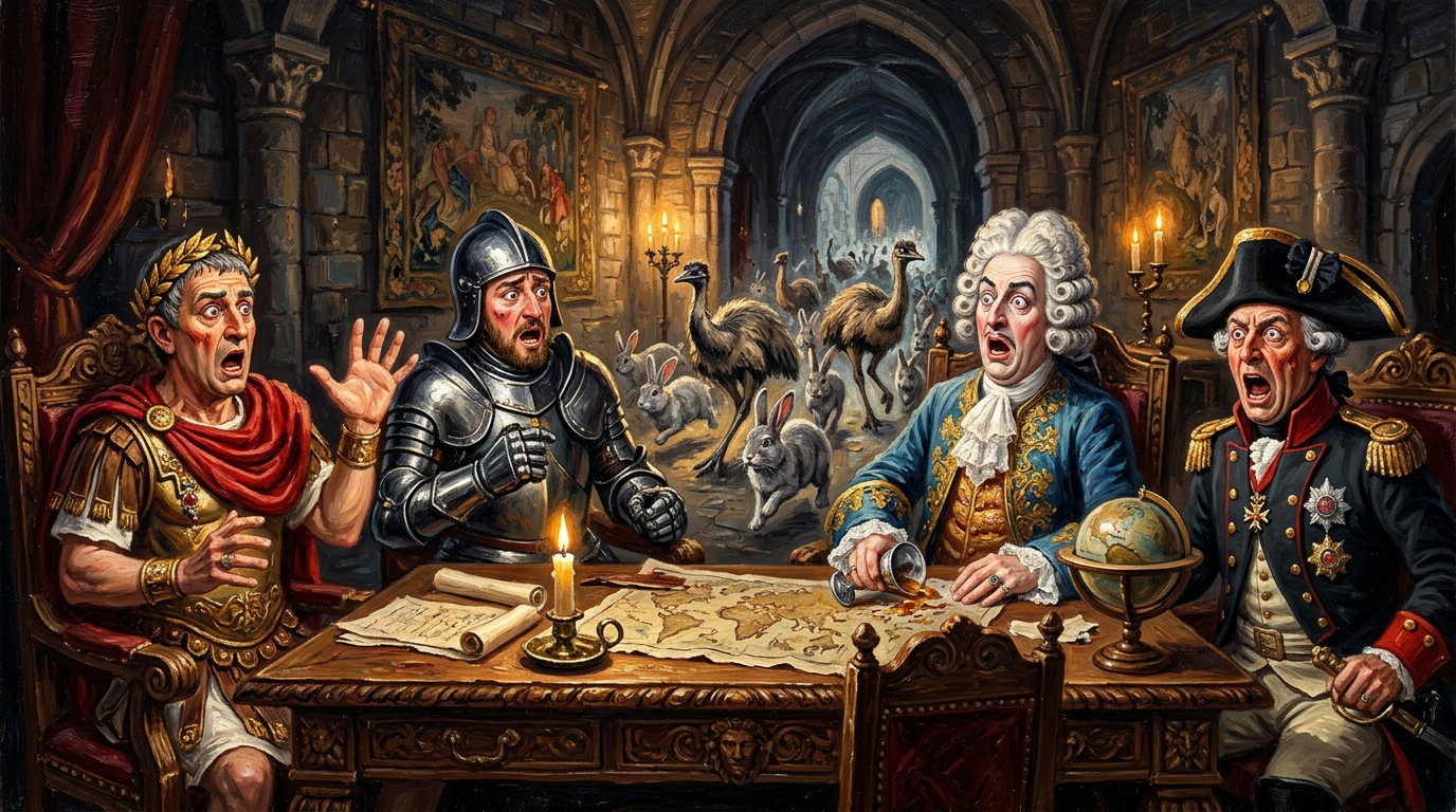 Expressive oil painting of historical emperors and generals shocked by charging rabbits and emus