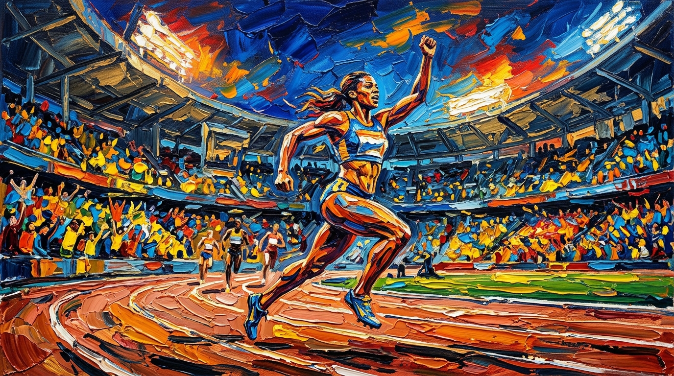 Illuminated sports stadium arena with Olympic flame, track, and championship trophies